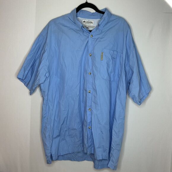 Columbia PFG Shirt Large Blue Short Sleeve Button Up Solid Vented Palm Sailfish - Picture 1 of 13